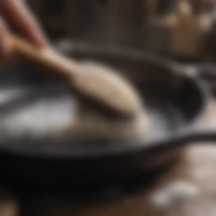 A close-up of a cast iron skillet being scrubbed with a natural brush and salt.