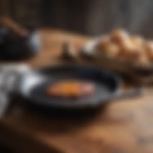 A pristine cast iron skillet on a wooden surface, showcasing its smooth, seasoned finish.