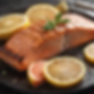 High-Quality Salmon Source Grilled salmon fillet with lemon wedges