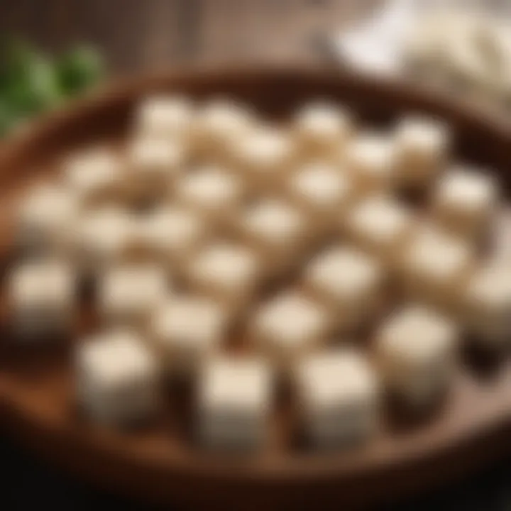 Iron-fortified tofu cubes on a wooden tray