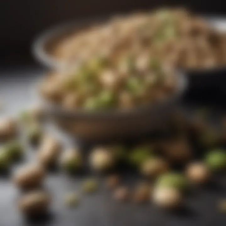 Pistachios scattered among a measuring scale for weight management