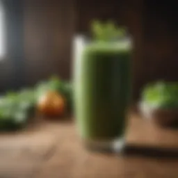 Healthy green smoothie in glass on wooden table