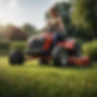 A serene landscape with a person engaging in the lawnmower workout