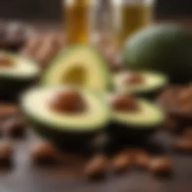 A selection of healthy fats like avocados, nuts, and olive oil