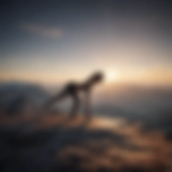Silhouette of a person doing plank on a mountain peak at dawn