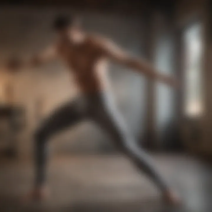 Athletic man stretching in male leggings