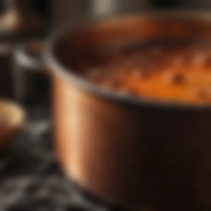 Artistic portrayal of simmering sauce in a copper pot