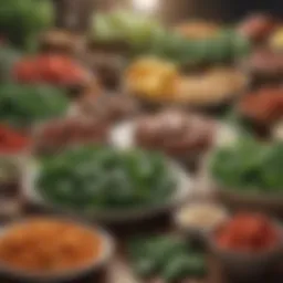 An array of low carb foods including leafy greens and proteins