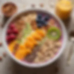 A vibrant smoothie bowl topped with fruits and nuts