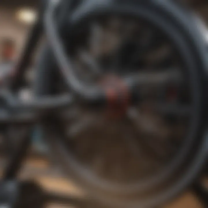 Close-up of a spinning stationary bike wheel with motion blur