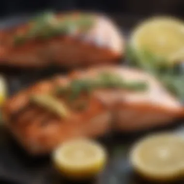 Protein-Packed Grilled Salmon A plate of grilled salmon with lemon slices and herbs