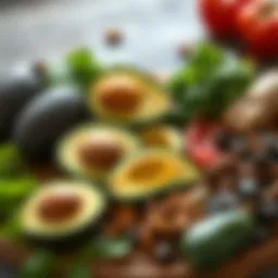 A colorful assortment of heart-healthy foods including avocados, nuts, and leafy greens