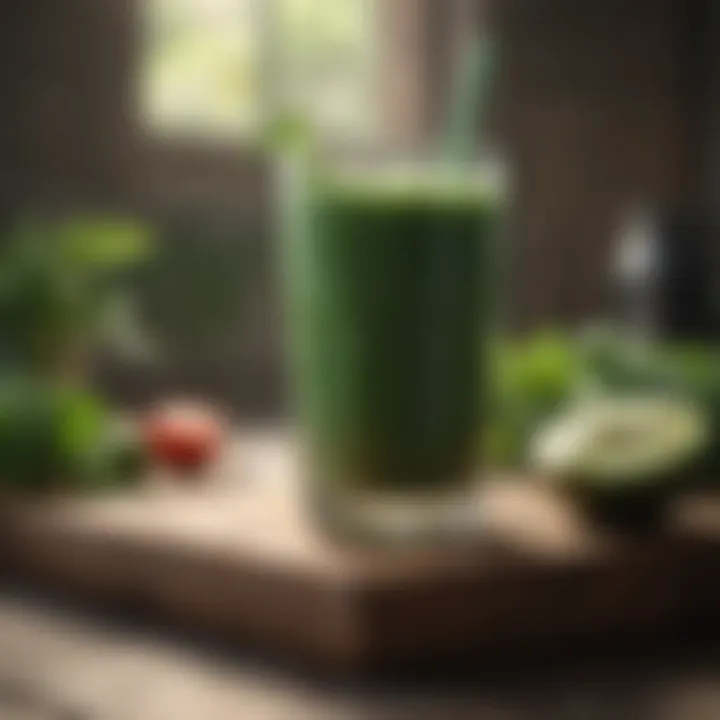Glass of refreshing green smoothie with superfood ingredients
