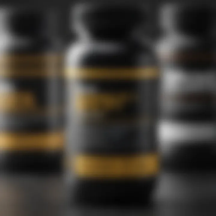 Close-up of a supplement bottle with labels detailing active ingredients