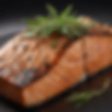 A close-up of a grilled salmon fillet with herbs