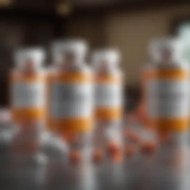 Prescription medication bottles with caution sign