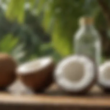 Bottle of coconut oil and coconuts on a tropical background