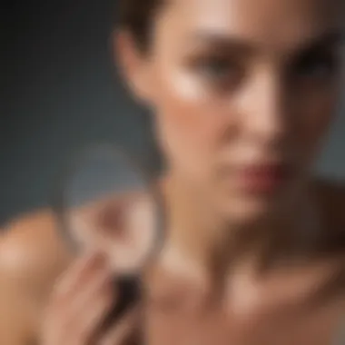 Dermatologist examining patient's sunburned skin with a magnifying glass