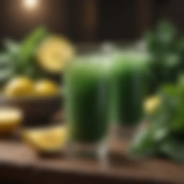 Rich green detox drink with leafy vegetables and lemon