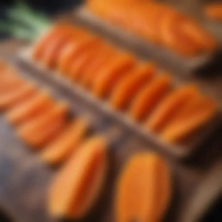 Vibrant orange carrot slices on a rustic wooden cutting board