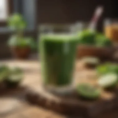 Nutrient-rich green smoothie in a glass on a wooden table
