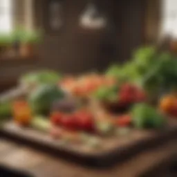 Fresh vegetables and fruits arranged on a wooden table
