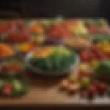 Fresh vegetables and fruits arranged aesthetically on a wooden table