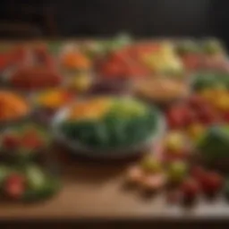 Fresh vegetables and fruits arranged aesthetically on a wooden table
