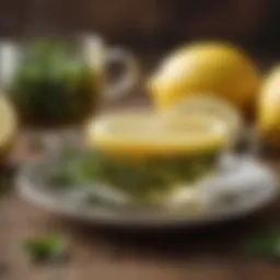 A steaming cup of green tea with a slice of fresh lemon on the side, highlighting the combination of flavors.