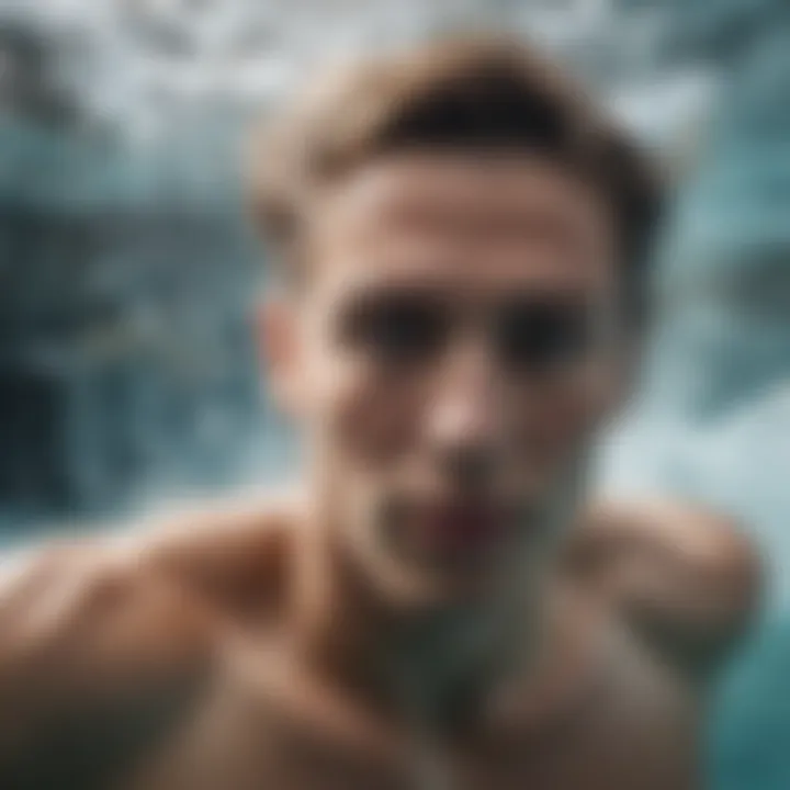 Close-up of a swimmer gliding through clear water, emphasizing technique and form