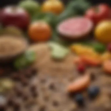 A variety of fiber-rich foods including fruits, vegetables, and grains.
