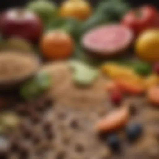 A variety of fiber-rich foods including fruits, vegetables, and grains.