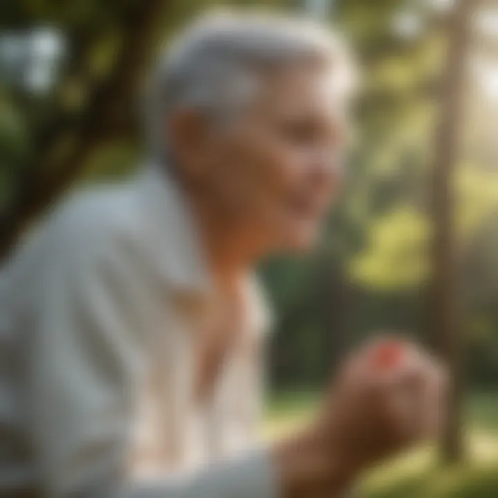A serene scene of an elderly person engaging in light exercise outdoors