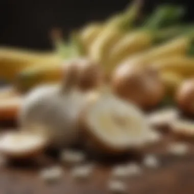 A visually appealing layout of prebiotic-rich foods like garlic, onions, and bananas.