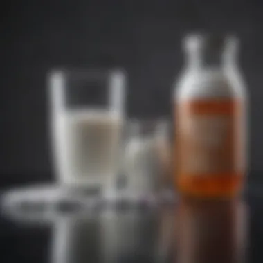 A close-up of probiotic capsules next to a glass of kefir.