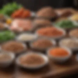 A variety of protein sources including legumes, fish, and poultry arranged artistically on a table