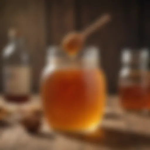 A close-up view of a glass jar filled with honey and a bottle of vinegar on a rustic wooden table