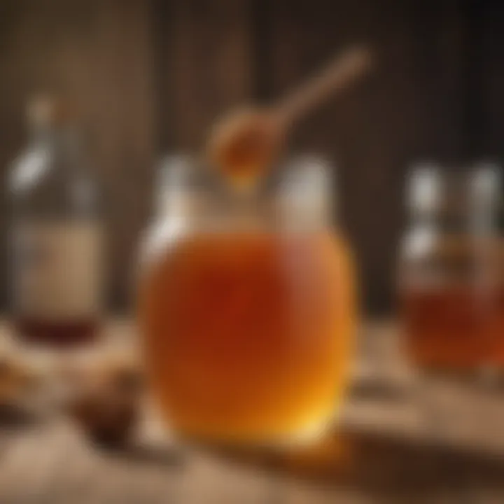 A close-up view of a glass jar filled with honey and a bottle of vinegar on a rustic wooden table