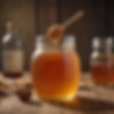 Honey and Vinegar Duo for Weight Loss A close-up view of a glass jar filled with honey and a bottle of vinegar on a rustic wooden table