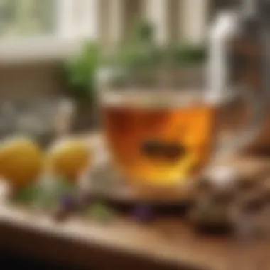 Herbal Tea Infused with Natural Ingredients A serene kitchen scene featuring a cup of herbal tea infused with honey and vinegar for wellness