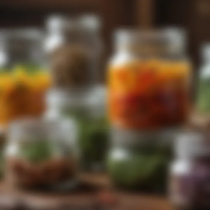 An array of colorful herbs and spices in glass jars, adding flavor to meals