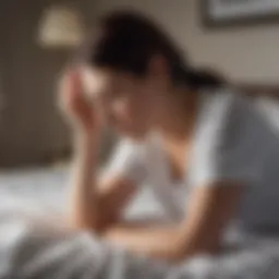 A person experiencing a severe headache while sitting on the edge of a bed in the morning light