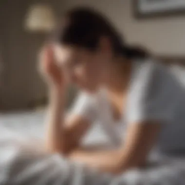 A person experiencing a severe headache while sitting on the edge of a bed in the morning light