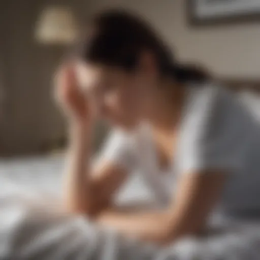 A person experiencing a severe headache while sitting on the edge of a bed in the morning light