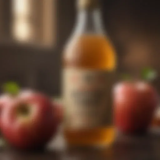 A close-up of a bottle of apple cider vinegar with an apple