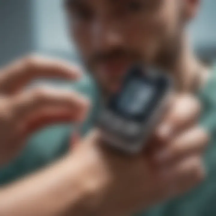 A healthcare professional using a pulse oximeter in a clinical setting