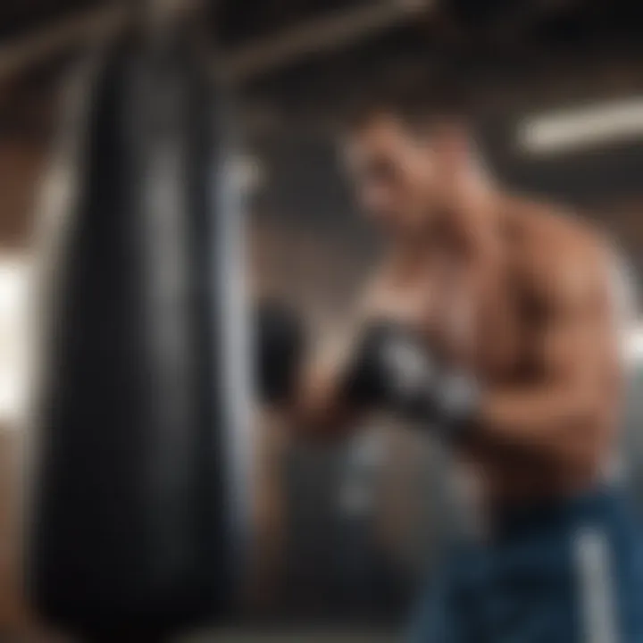 Boxer practicing heavy bag training technique