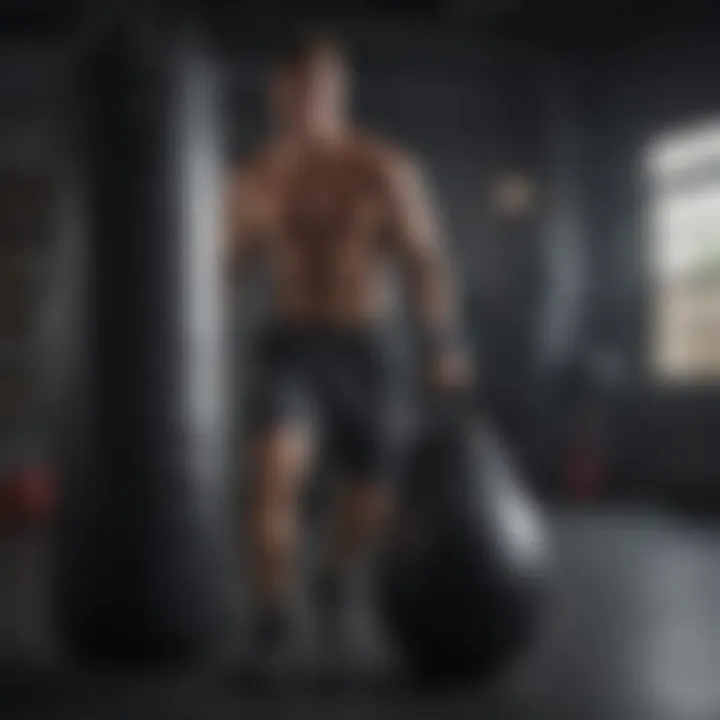 Fitness enthusiast performing cardio workout with heavy bag