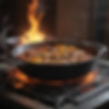 Sizzling Cast Iron Pan with Flame Beneath