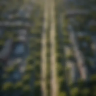 Aerial view of urban landscape with walking trails and green spaces